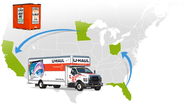 Imagen de servicios de mudanzas corporativas que muestra un mapa de Estados Unidos, un contenedor U-Box y un camión de mudanzas de U-Haul