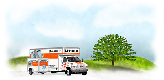 Graphic of a U-Haul moving truck and trailer in a field