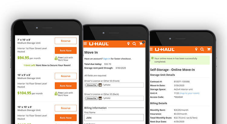 3 dispositivos móviles que muestran el proceso de mudanza en línea de U-Haul