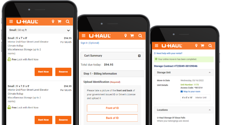 3 mobile devices displaying the U-Haul Online Move-In process